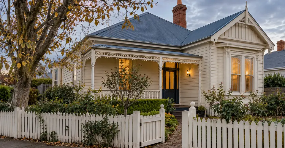 AI illustration of a Victorian-style weatherboard home with a verandah and picket fence